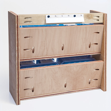 The organiser is mounted onto a wall via the cleat at the top of the unit. A Hangman French cleat hanger is shown here, and you can order these online, or simply use wall plugs and screws to attach to the wall.