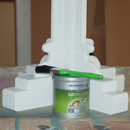 The pedestal was painted with [2] coats of Prominent Paints Premium Satin Silk in a light grey colour. This paint is low VOC and non-yellowing, as well as waterbased for easy application and cleaning. Prominent Paints Premium Satin Silk is hardwearing, and washable and does not chalk on exterior exposure. 