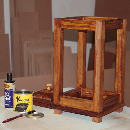  I stained and sealed everything after assembly using Woodoc Gel Stain and Woodoc Sealer.