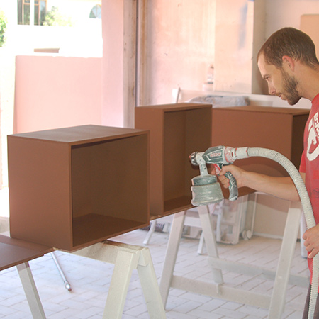 4. For a professional finish paint inside and outside the boxes with a Bosch PFS Spray System and acrylic paint. We prefer to use Prominent Select Sheen for our painting projects. For added protection - and scratches from doggies claws - we applied three coats of Prominent acrylic sealer.