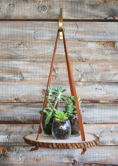 use rope, twine, fabric or leather straps to hang your new wood slice shelf