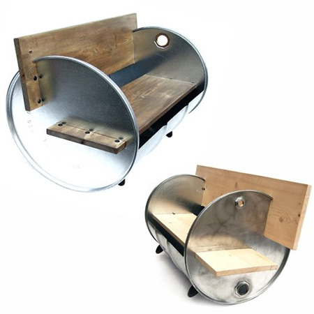 recycled oil barrels make a stylish outdoor garden bench