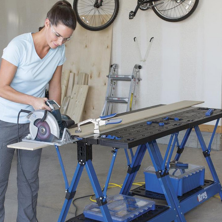 When cutting, the Clamp Trak and Automaxx Bench Clamp (included) provide auto-adjusting technology - giving you multiple ways to hold your work piece. Combine two tables for an extra-large workbench or cutting station.