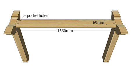 2. Drill pocketholes in the front and back of each leg and use wood glue and 50mm pockethole screws to secure the leg in the centre of the foot.