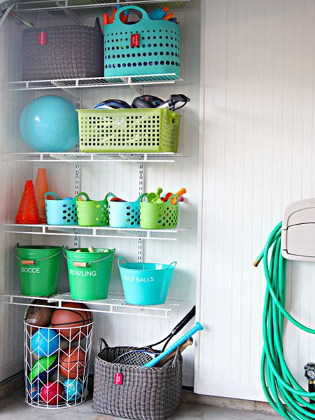 To corral clutter, shop for basket, bins and buckets at your local discount store. You can usually find assorted sizes in all shapes and colours.