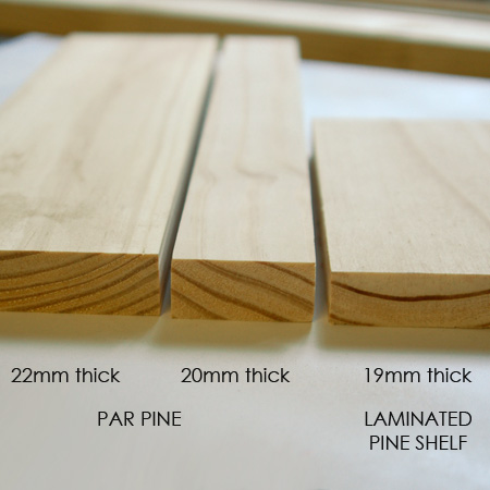 The downside of using pine for projects is that the thickness varies from product to product, and across different suppliers. As an example of this, we bought three different pine products: 94mm wide PAR pine, 44mm wide PAR pine, and a board of laminated pine shelving. The 94mm pine is 22mm thick, while the 44mm pine is 20mm thick, and the laminated pine shelving is 19mm thick. 