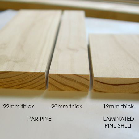The downside of using pine for projects is that the thickness varies from product to product, and across different suppliers. As an example of this, we bought three different pine products: 94mm wide PAR pine, 44mm wide PAR pine, and a board of laminated pine shelving. The 94mm pine is 22mm thick, while the 44mm pine is 20mm thick, and the laminated pine shelving is 19mm thick.
