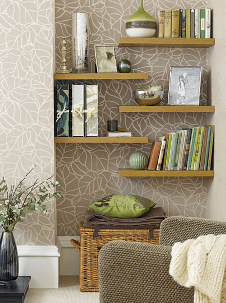 an alcove is ideal for hanging floating shelves