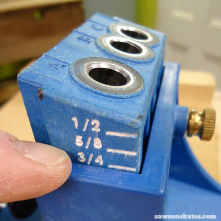 On the side of the drill guide for a pockthole jig are a list of measurements and you can raise and lower the height of the drill guide according to the thickness of the board. For example, if you board is 12mm thick - set the depth for 1/2. For easy reference I have converted our standard board thicknesses to the measurements display on the drill guide: