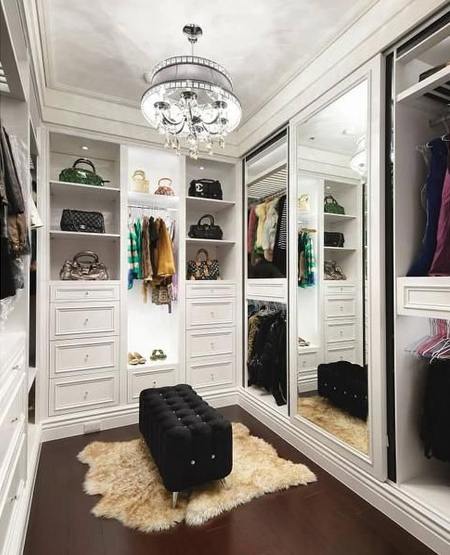 You don't have the fit doors to the entire closet - perhaps have sliding mirror doors along one wall. That way, it will be easier to keep a closet tidy. Glass or mirror doors are practical for a small closet - they are less obtrusive and enhance light and the illusion of space.
