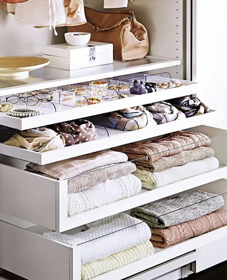 In any closet you need a combination of shelf, hanging space and drawers. Some clothes need to be placed on hangers and others folded and stored on shelves or in drawers, so carefully consider your own needs when planning the layout. Take into consideration that drawers cost more than open shelves and that you can also contain clutter with storage boxes or baskets.