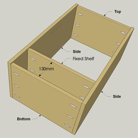 4. Sand the cabinet parts before assembly. Attach the Top, Bottom, and Fixed Shelf to the Sides using 32mm pockethole screws.