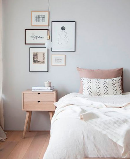 HOME-DZINE | Bedroom Ideas - The bed is the feature in any bedroom, but in the absence of a headboard you can use bedside tables to frame the bed. An arrangement of small artworks above a bedside table creates a focal point that effectively frames the bed. This decorating trick also works well where there is only enough space for a small bedside table or two, or a large bedroom with minimal furniture.