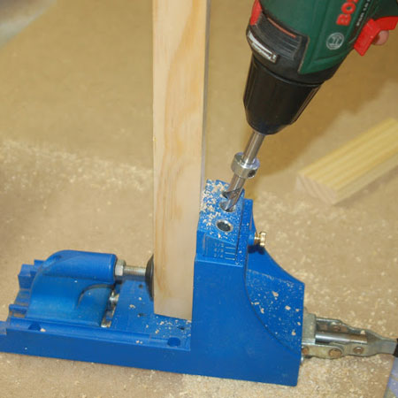 8. Drill a single pocket hole at the end of every section. The top sections that will secure the base to the seat have a pocket hole at both sides and a single pocket hole in the centre (to attach to the stool seat).