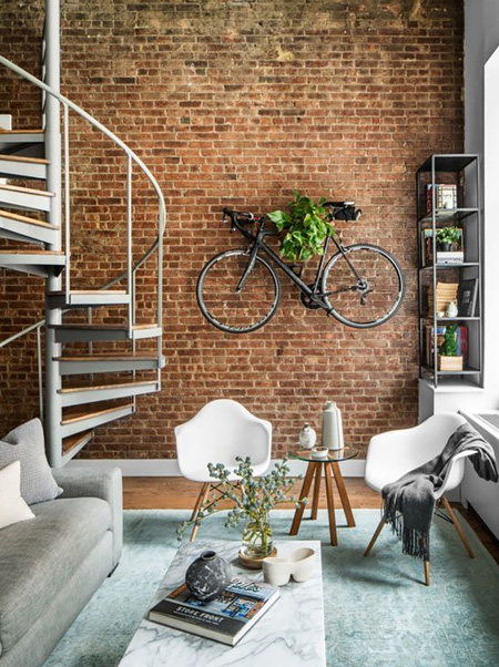 living room with exposed brick