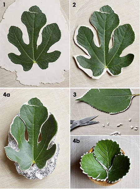 air dry clay bowls with pressed leaf design