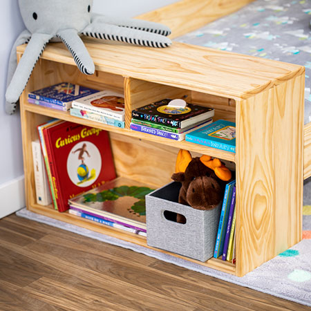 diy toddler bed with built in storage shelf