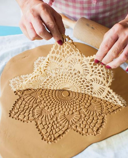 doily for texture on clay