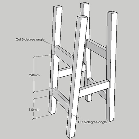 8. Cut all the crosspieces for the stool frame to fit. All the crosspieces have a 5-degree cut at each end and a single pocket-hole at the both ends. 