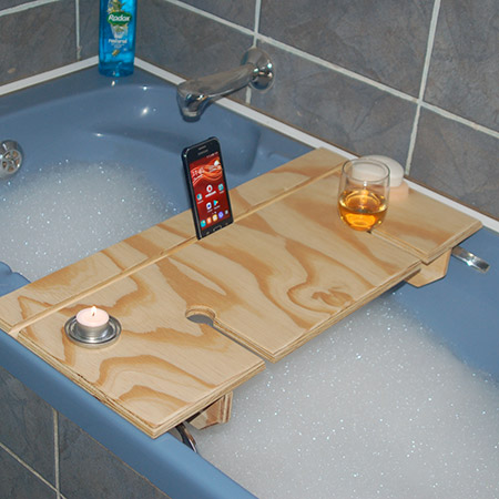This bath caddy is easy to make and allows you to relax in the bath for much needed time out. The bath caddy has a slot for your wine glass - left or right-handed and a slot for your Kindle, tablet or cellphone. 
