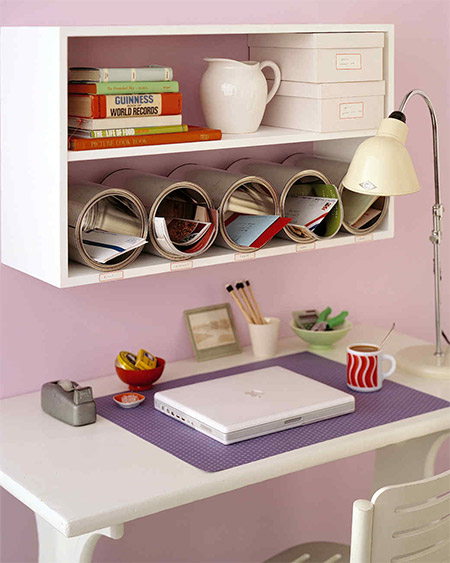 Here's a way to keep a desktop neat and tidy, and to recycle aluminium coffee cans - turn them into practical storage for a desk shelf.