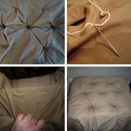 Use a long upholstery needle (much longer than the one shown) and tough thread to sew through the base, the foam cushion and batting, and out through the fabric