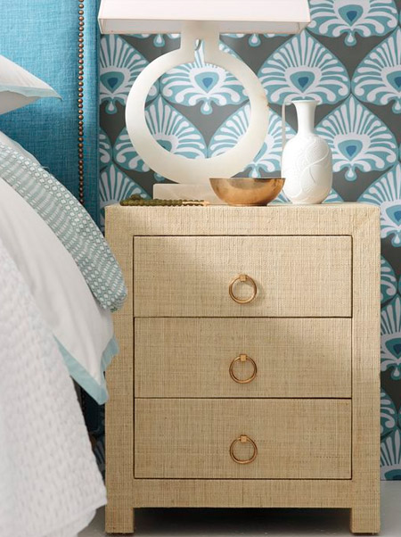 Wallpapering or painting the front of a dresser or nightstand drawers is an easy way to incorporate new colour and design elements