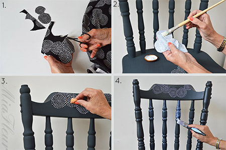 Decoupage is the art of decorating objects with paper cut-outs, but can also include fabric cut-outs as well. For this project, an interesting pattern was cut from a scrap of fabric and applied to the back of a chair.