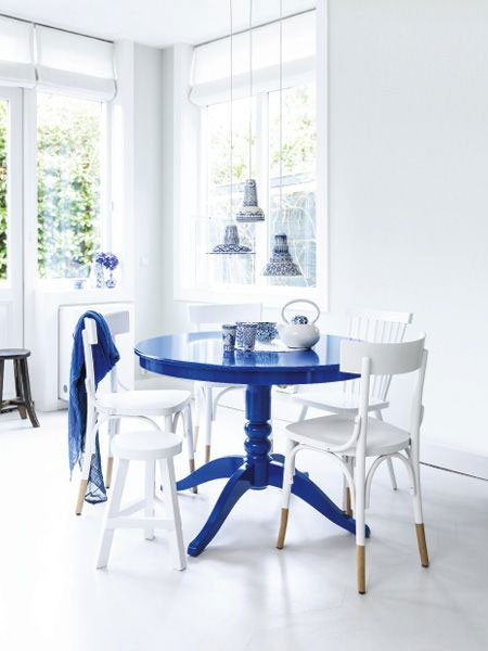 blue dining table and chairs