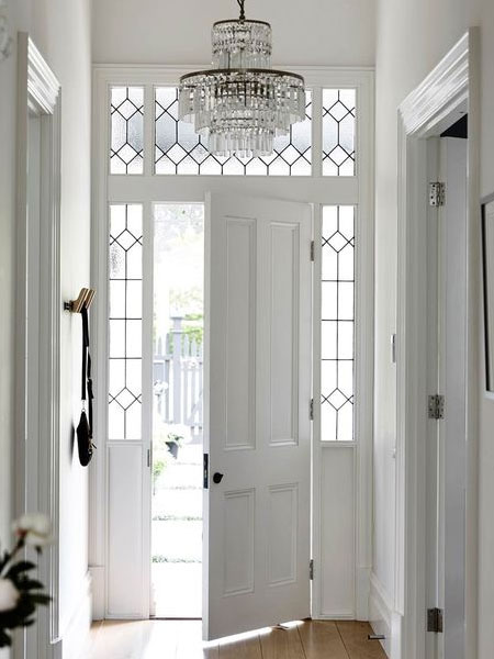 vintage front door with leaded glass panes