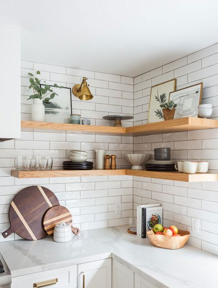 wood shelves in kitchen
