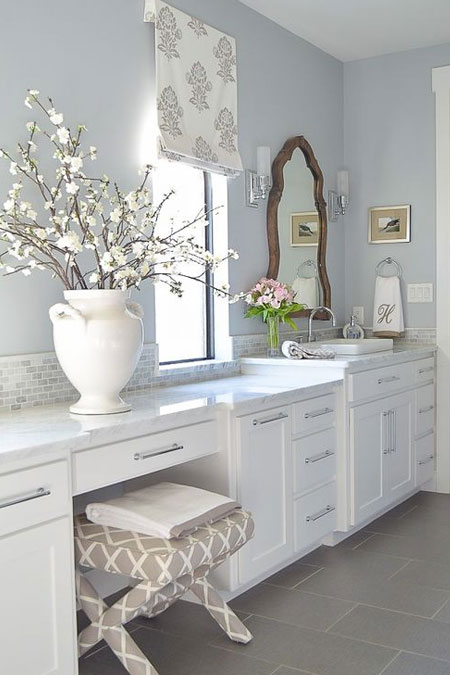 patterned roman blind in bathroom
