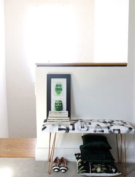make an upholstered bench with hand painted fabric