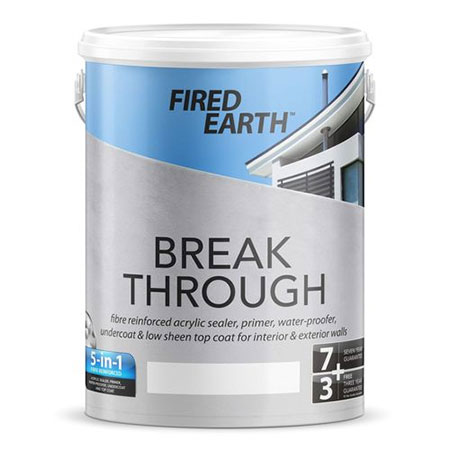 Fired Earth 5-in-1 Breakthrough is a fibre reinforced acrylic sealer, primer, waterproofer, undercoat and top coat for interior and exterior use.