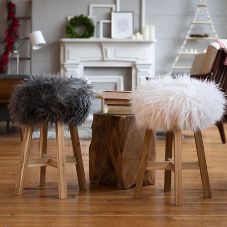 faux fur upholstered wood stool