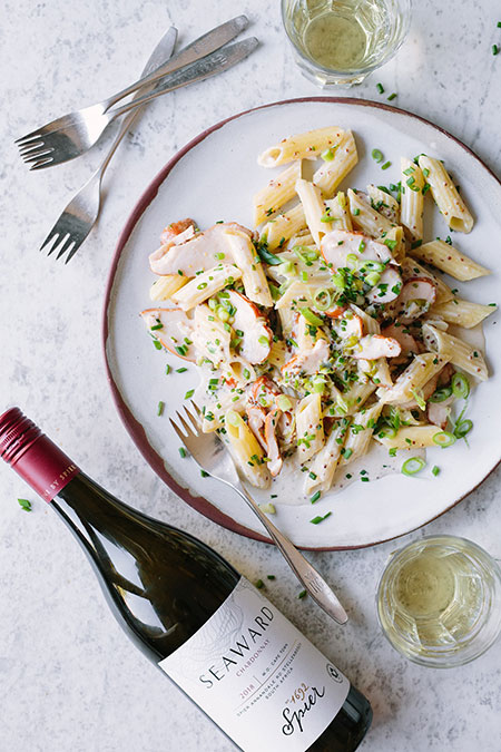 Creamy Smoked Chicken & Chive pasta pairs wonderfully with the new Spier Seaward Chardonnay 2018.
