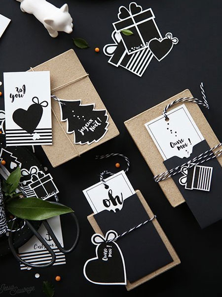 black and white hand printed gift tags