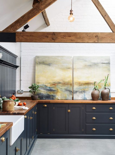 dark blue grey base cupboards in kitchen