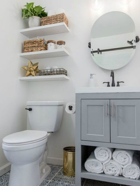 use baskets for storage in bathroom