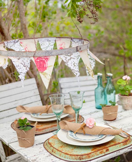 decorating spring garden with fabric bunting