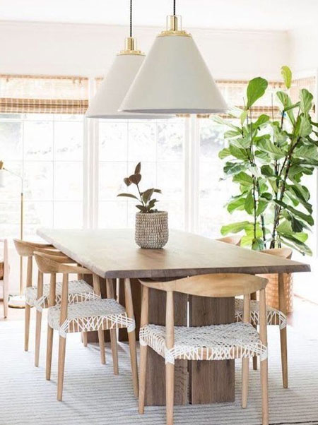 use plants to soften sharp edges in white dining room
