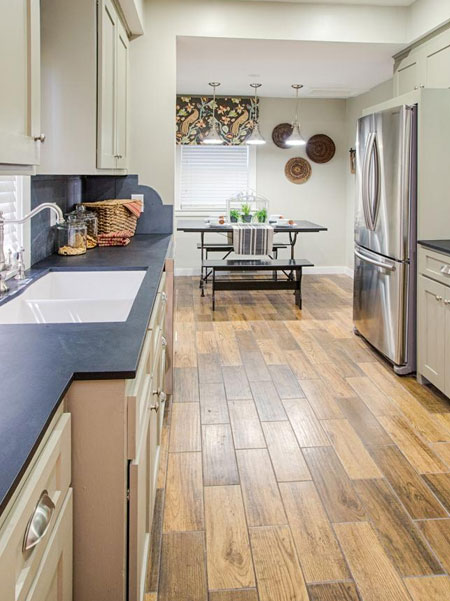 dark wood look floor tiles in kitchen