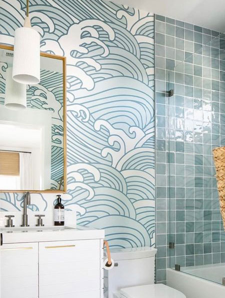 wallpaper accent wall in bathroom