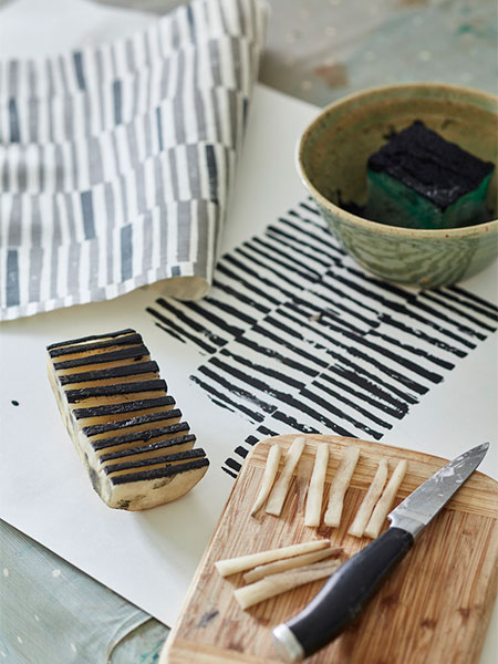 stamp paint fabric with potato stencil