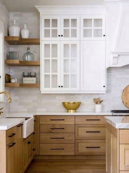 white countertops in wood kitchen