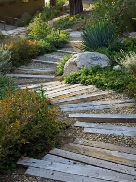 reclaimed wood path on slope