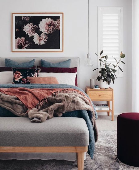 burgundry blue grey bedroom colour palette