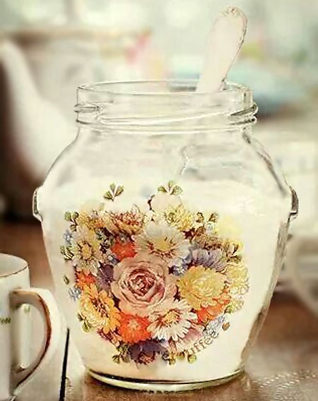 use decoupage to decorate glass food jars