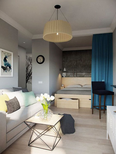 curtains to close off bedroom in open plan studio