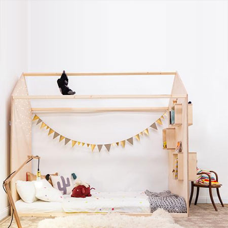 house frame bed with storage cubbies